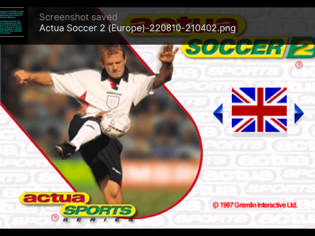 Actua Soccer 2 title screen for Playstation